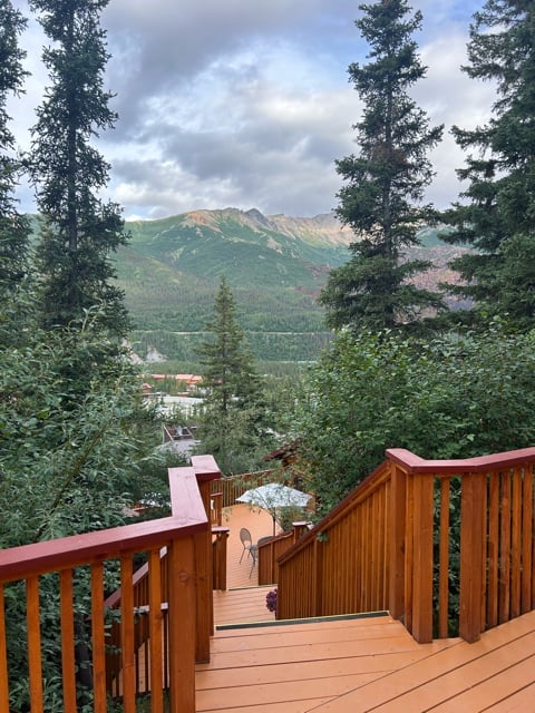 Cabin deck with Denali mountain view in Alaska