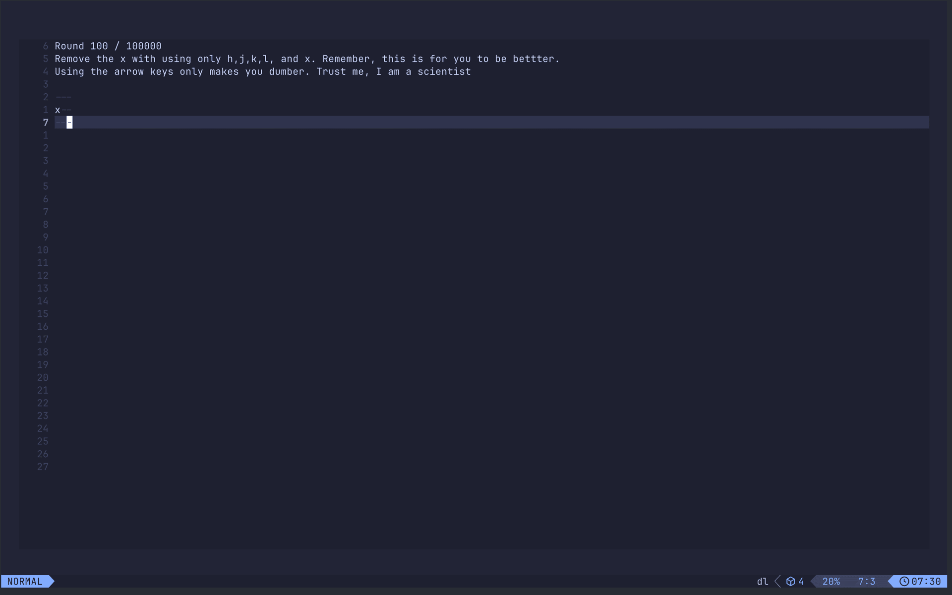 Vim Be Good practice tool at 100% level