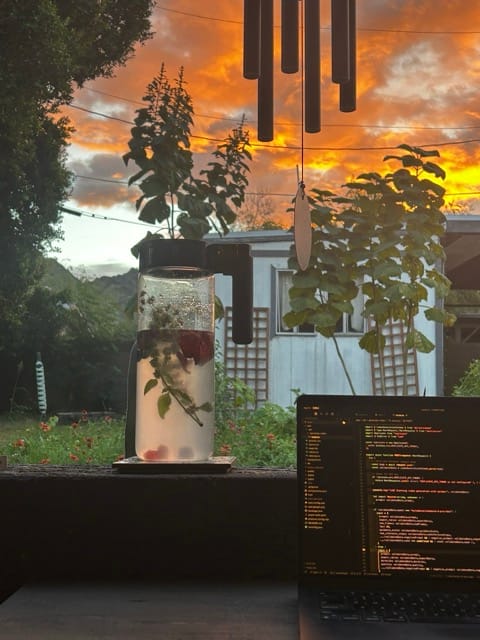 Hibiscus tea drink on a patio at sunset