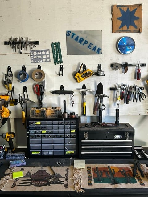 Garden tool shelf and supplies