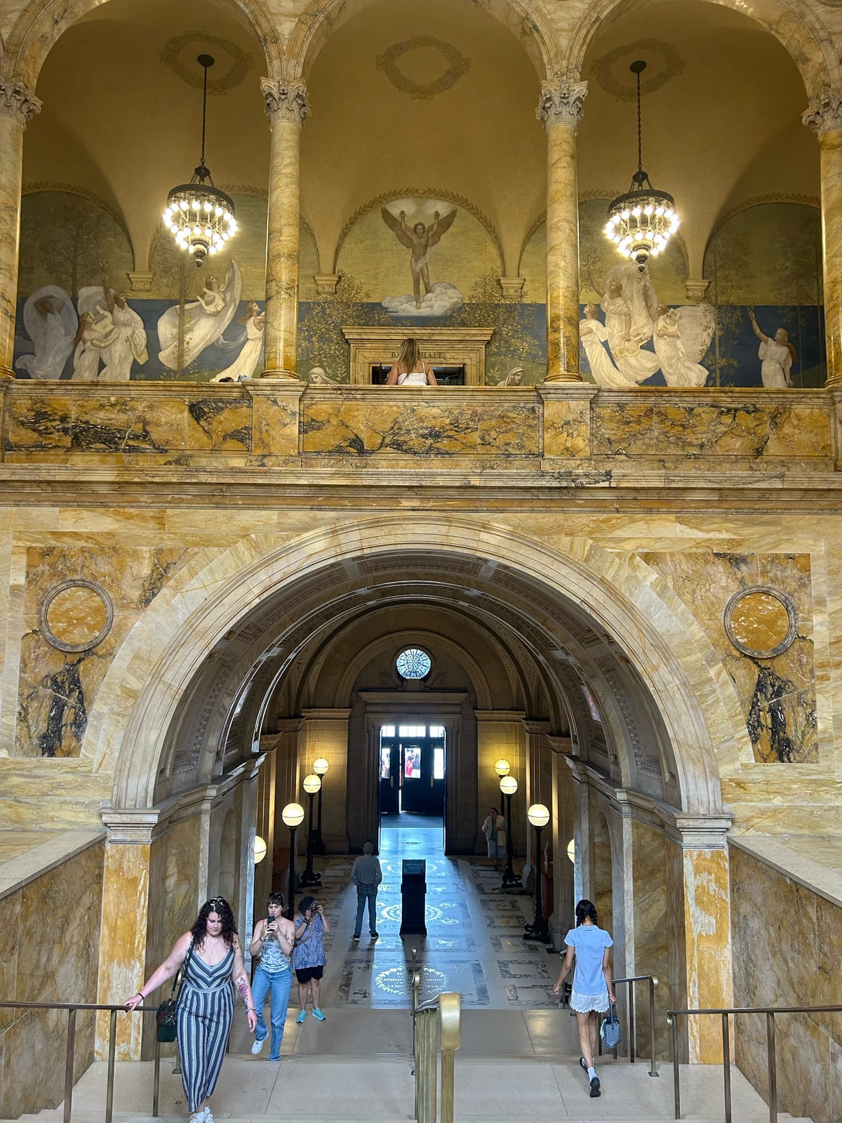 boston public library grand staircase murals in Massachusetts